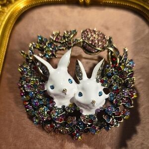 Enamel And Crystal Rabbit Wreath Brooch NWT Modern